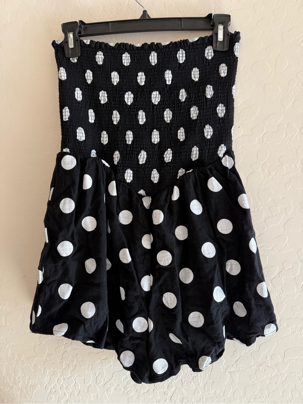 Klesis, medium, linen blend polka dot romper with smocked strapless top
